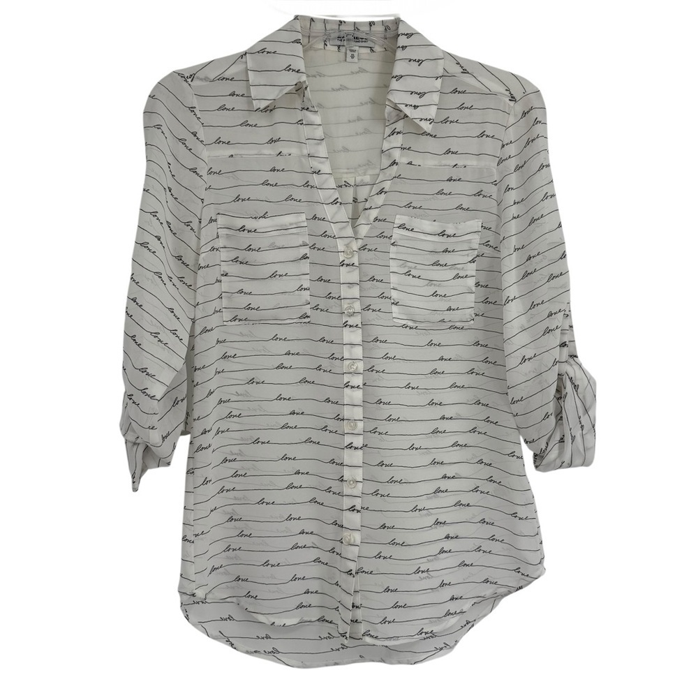 Express The Portofino Shirt Size XS Cream Semi Sheer Roll Tab LOVE Script